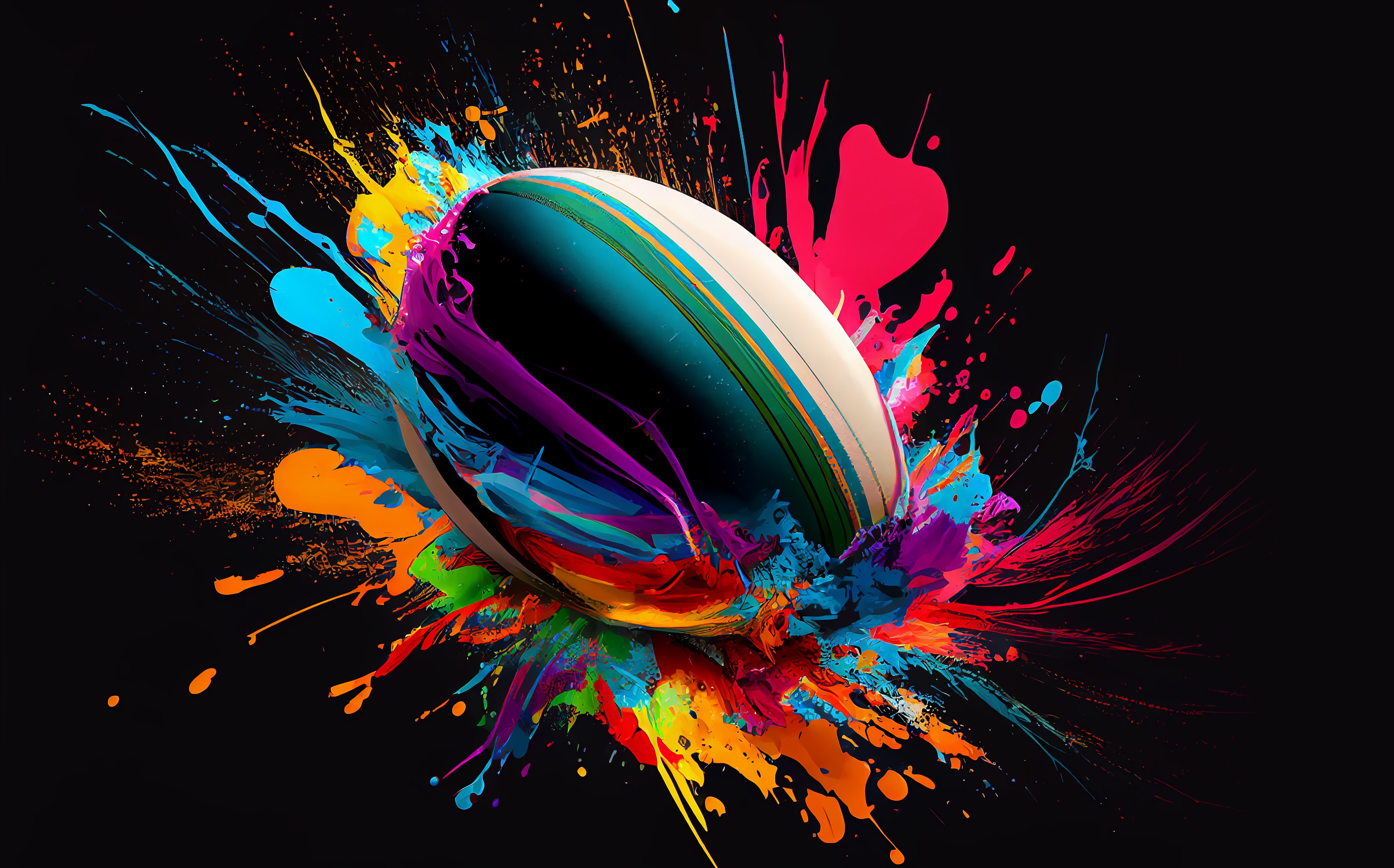 vibrant paint of varying colors splashed by a rugby ball.